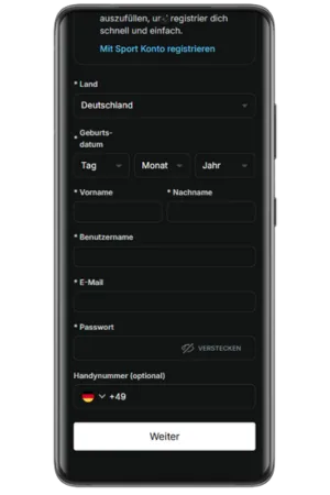 Tipico Registrierung App Daten eingeben